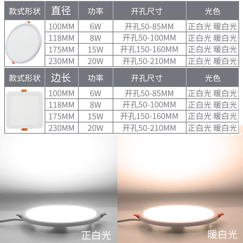 筒灯led嵌入式方圆形孔灯任意开孔家用客厅过道走廊吊顶超薄射灯