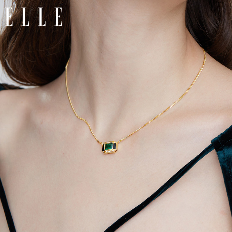 elle祖母绿色彩色宝石高级感锁骨链 elle饰品项链