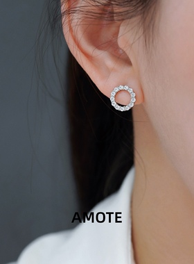 AMOTE 圆圈满钻S925银耳钉女高级感ins风小众金色通勤耳环新款潮