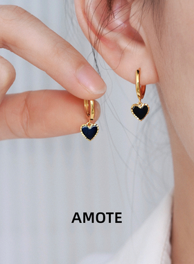 AMOTE 复古黑金色爱心S925银耳圈小众设计高级感耳扣黑玛瑙耳环