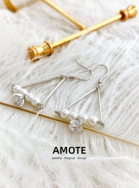 AMOTE  三角形几何镂空耳环女S925银气质珍珠耳坠小众长款耳饰