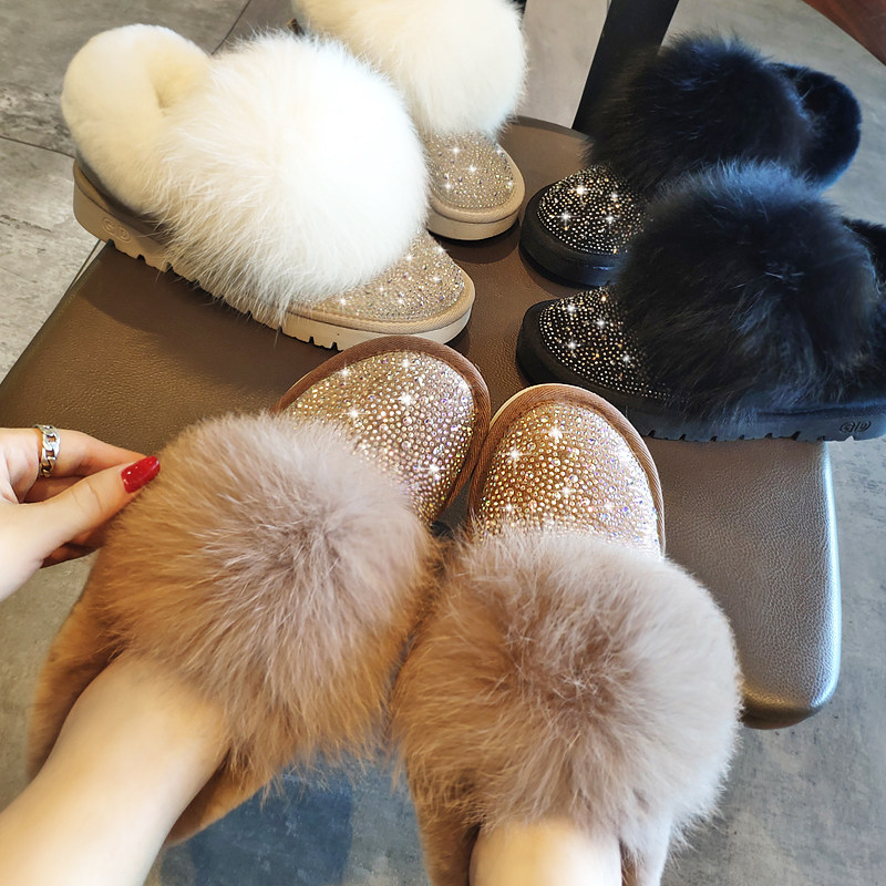 水钻雪地靴女冬短筒平底豆豆鞋低帮加绒保暖棉鞋兔毛球带钻毛毛鞋,淘宝优惠券,粉丝福利购,淘宝优惠卷