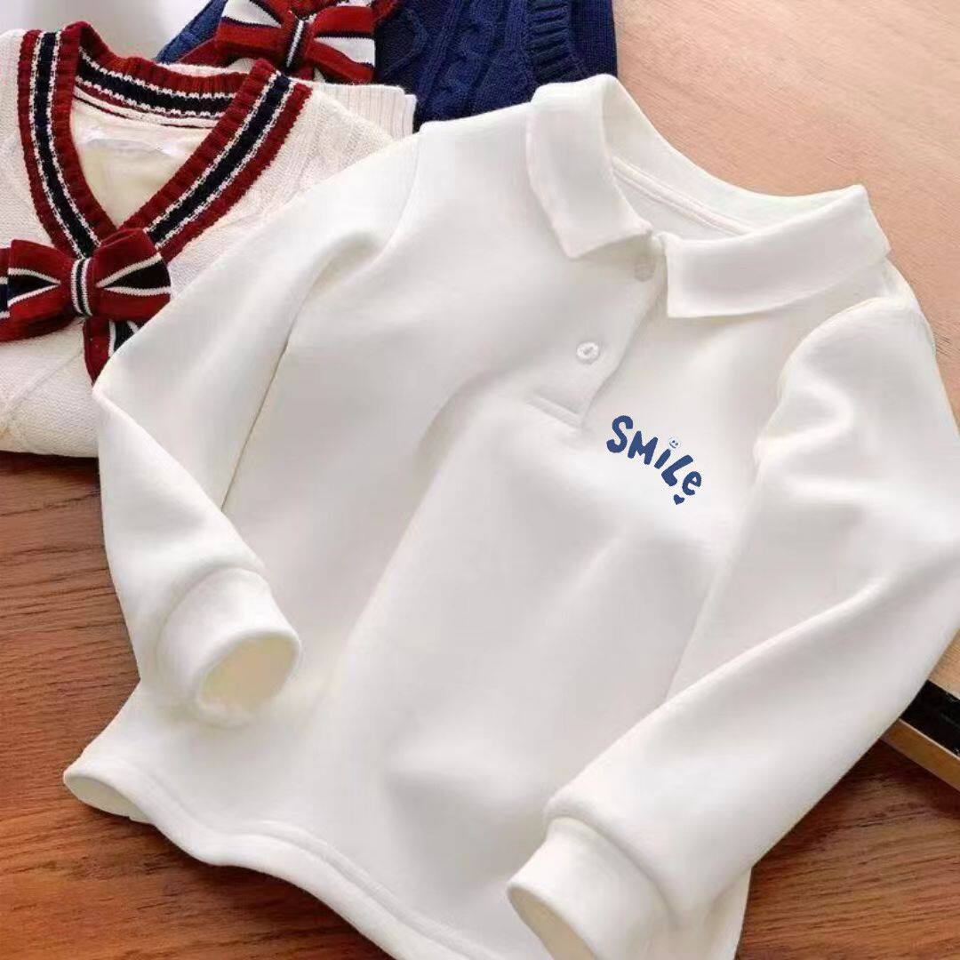 polo衫白色中大童纯棉卡通洋气长袖上衣翻领儿童宽松加绒童装卫衣