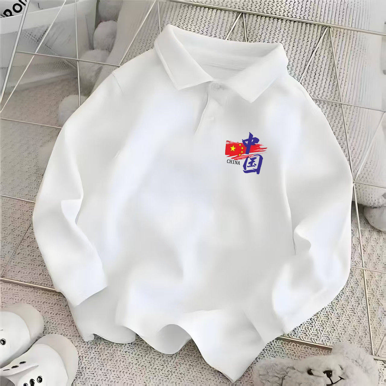 polo衫中大童纯棉字母洋气秋冬加绒长袖上衣儿童宽松翻领童装卫衣