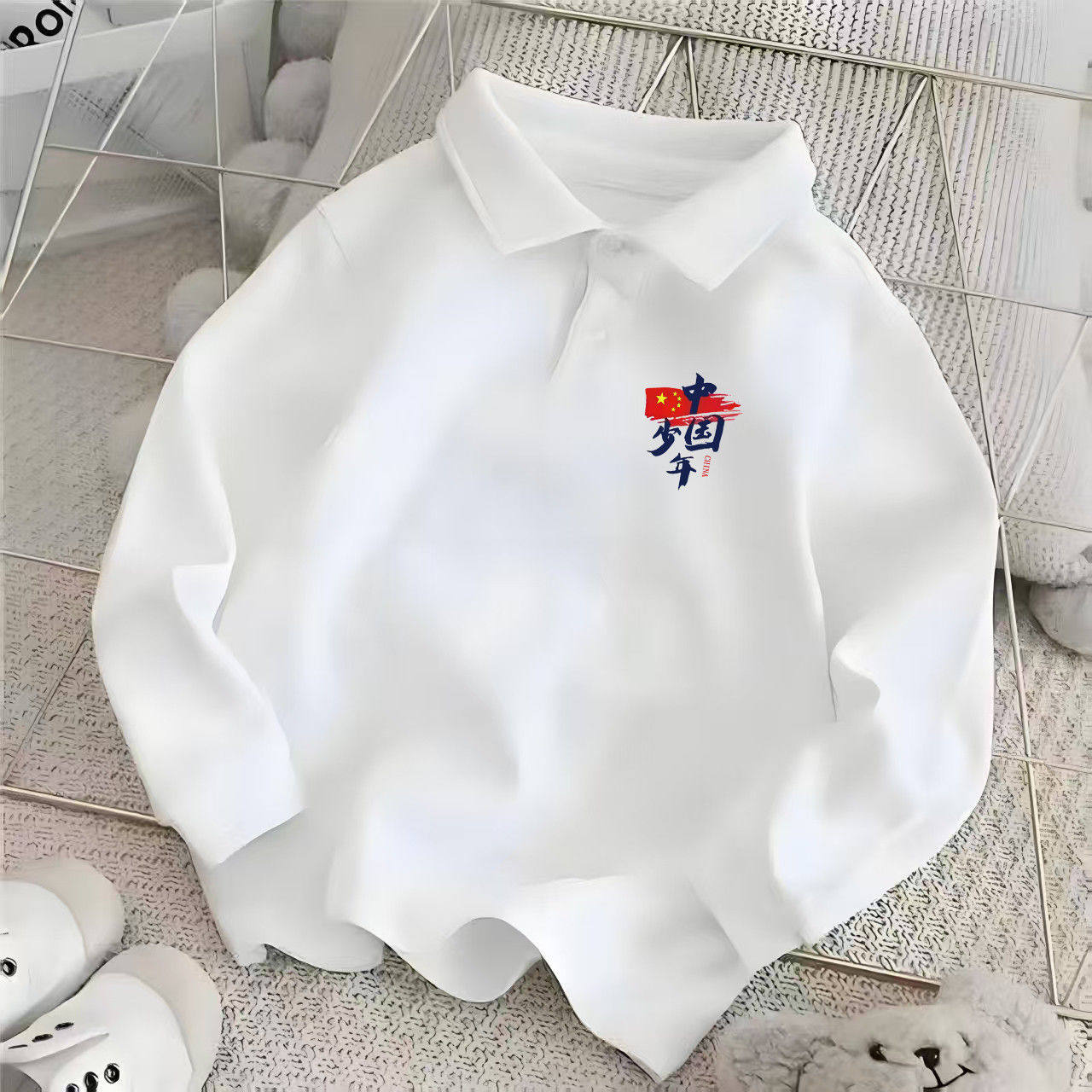 polo衫中大童纯棉字母洋气秋冬加绒长袖上衣儿童宽松翻领童装卫衣