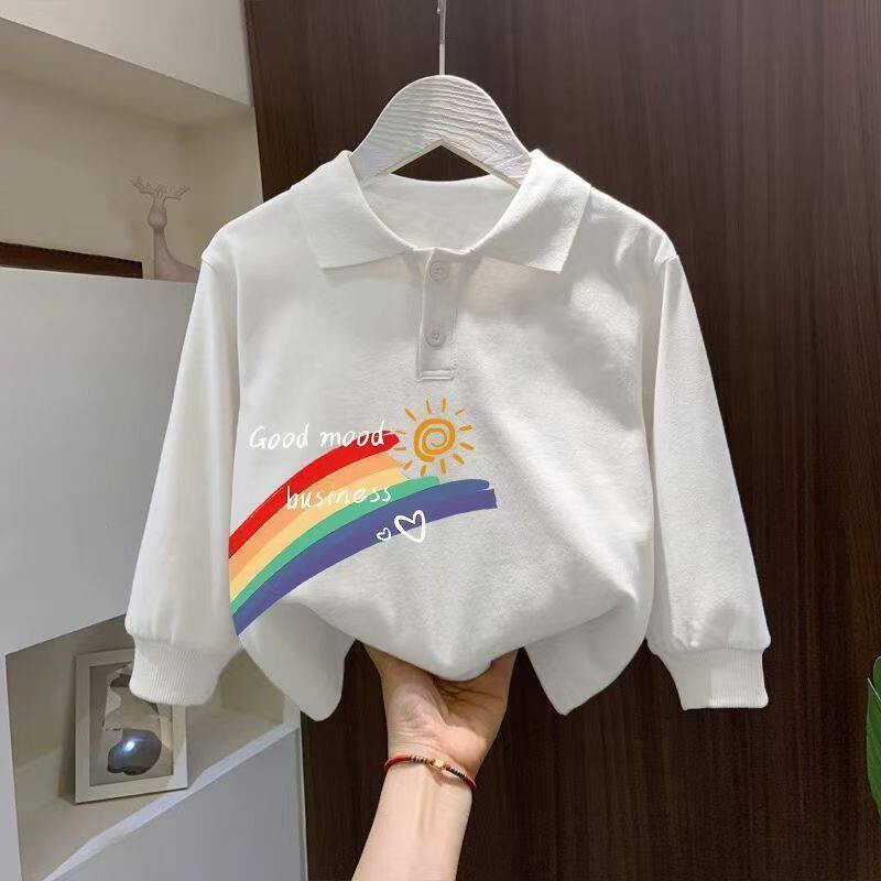 polo衫纯棉白色爆款洋气中大童长袖上衣儿童韩版卡通印花童装卫衣