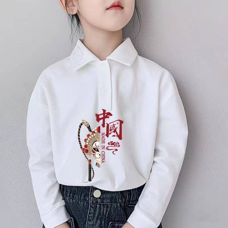 polo衫白色洋气中大童纯棉休闲长袖上衣国风儿童卡通时尚童装卫衣