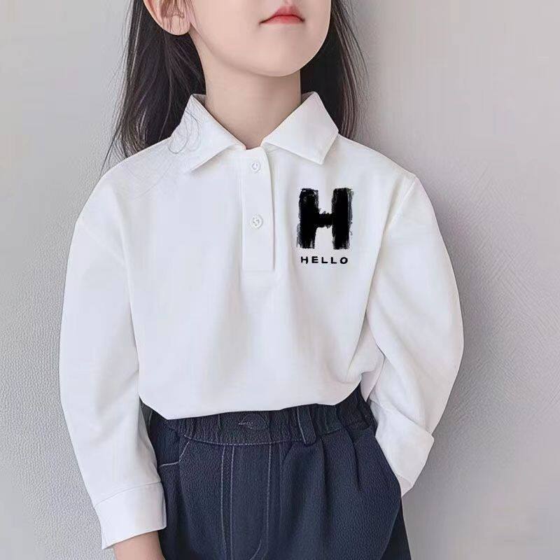 polo衫白色洋气中大童纯棉休闲长袖上衣秋冬国风儿童字母童装卫衣