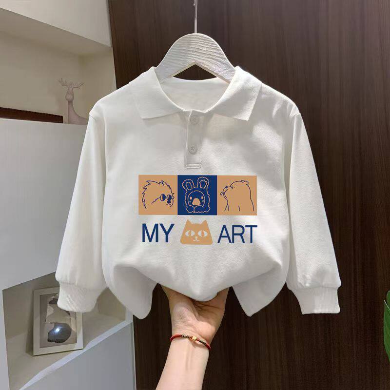 polo衫纯棉白色爆款洋气中大童长袖上衣儿童韩版卡通印花童装卫衣