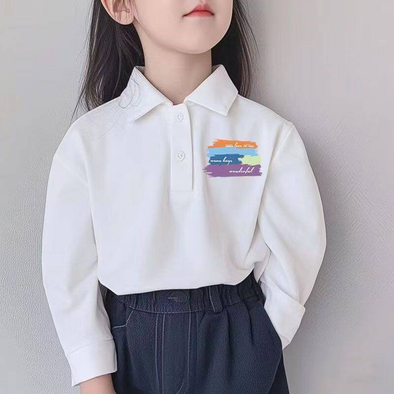 polo衫纯棉休闲白色洋气中大童长袖上衣新款儿童卡通时尚童装卫衣