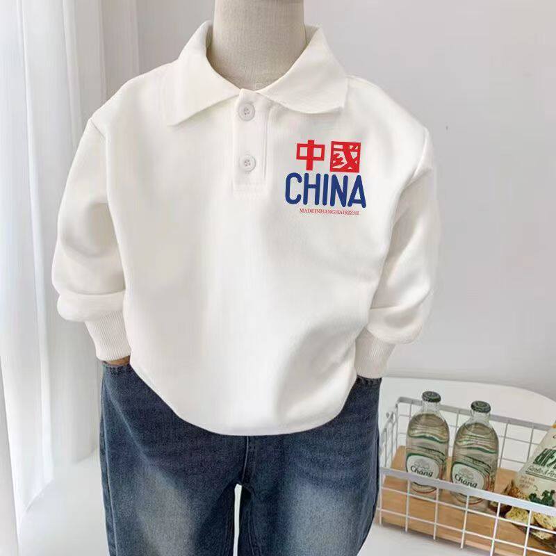 polo衫国风纯棉中大童加绒长袖t恤上衣潮牌儿童卡通白色童装卫衣