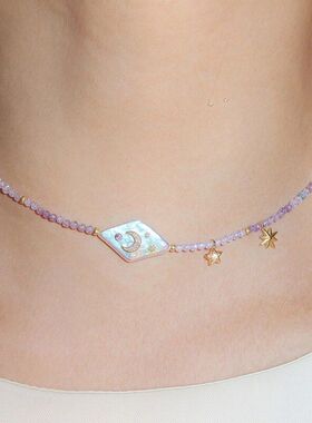 天然巴洛克月亮星星紫色串珠链锆石项链清新气质简约高级感跨境