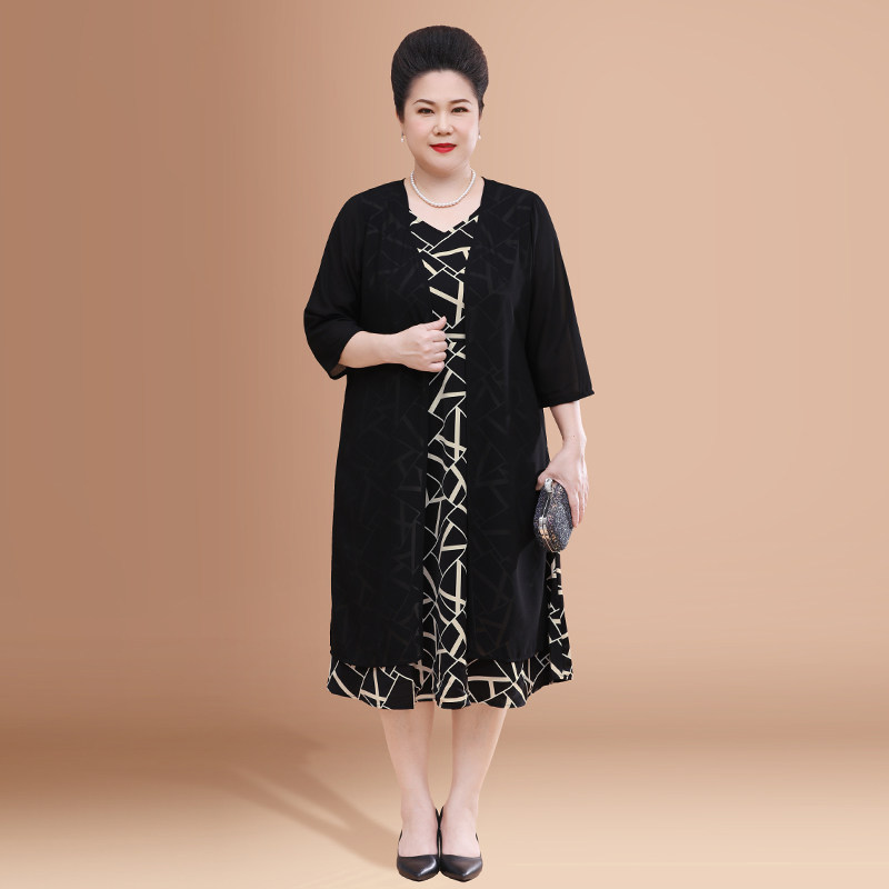胖妈妈夏装两件套装洋气高贵连衣裙 优爱菲中老年女装