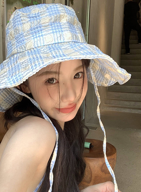 赵露思同款格子防晒渔夫帽