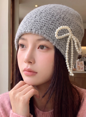 韩版珍珠蝴蝶结针织帽女秋冬保暖百搭甜美毛线帽显脸小护耳渔夫帽