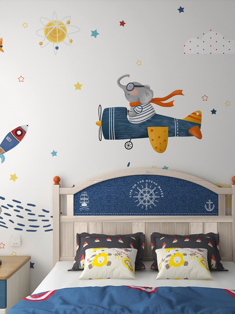 壁纸儿童房男孩卡通飞机墙纸卧室墙布壁画定制壁布背景墙墙面装饰