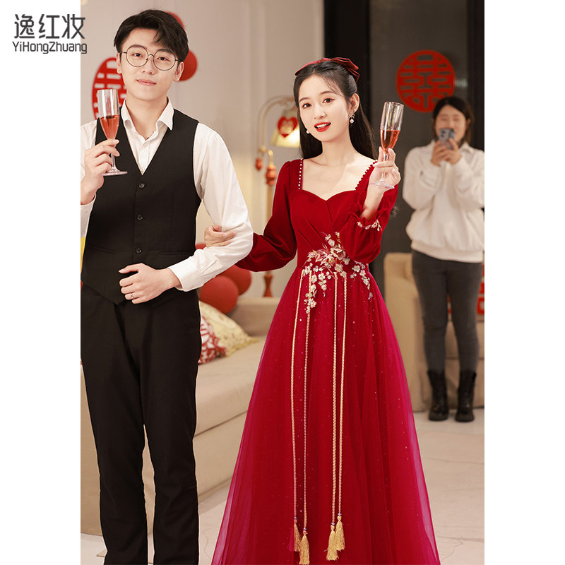 中式旗袍2023新款回门服新娘感披肩 逸红妆礼服/晚装