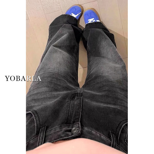 黑灰色直筒牛仔裤女春季新款大码胖mm宽松显瘦梨形身材高腰阔腿裤 - 图1