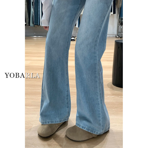 浅色弹力微喇牛仔裤女春季新款大码胖mm高腰显瘦梨形身材喇叭裤子 - 图3