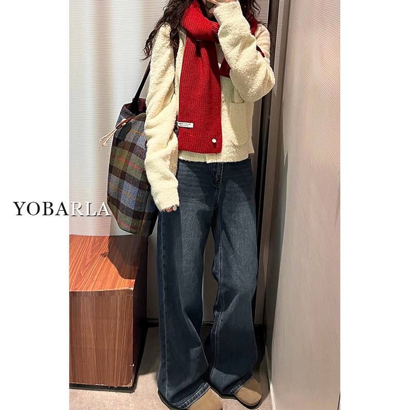 蓝灰色高腰直筒牛仔裤女冬季加绒梨形身材大码胖mm宽松显瘦阔腿裤,淘宝优惠券,粉丝福利购,淘宝优惠卷