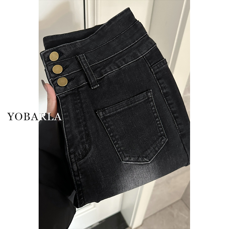 黑灰色高腰微喇牛仔裤女秋冬加绒加厚大码胖mm弹力显瘦喇叭马蹄裤 - 图3