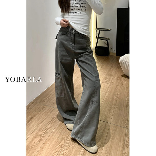 灰色阔腿工装裤女春季新款胖mm大码宽松梨型身材显瘦直筒牛仔裤子 - 图3