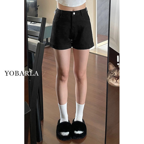 黑色高腰牛仔短裤女夏薄款大码胖mm遮肚显瘦弹力梨形身材a字热裤 - 图3
