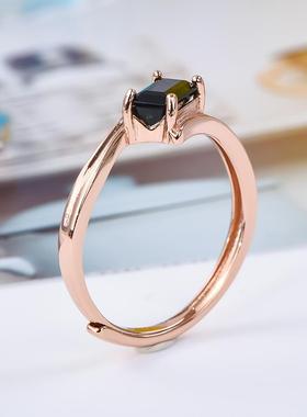 宇彩新品925银镶天然绿碧玺戒指长方形简约时尚可调节活圈包邮