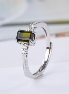宇彩新品925银镶天然绿碧玺戒指长方形简约时尚可调节活圈包邮