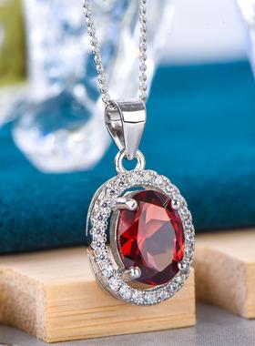 宇彩新品925银镶嵌天然石榴石吊坠红色椭圆轻奢时尚送银链包邮