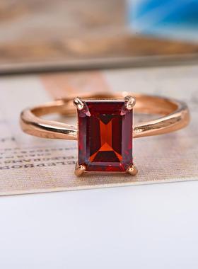 宇彩925银镶天然石榴石戒指长方形女戒子纯银镶嵌红色时尚活口