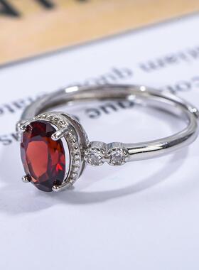 宇彩925银镶嵌石榴石戒指轻奢时尚红色经典精致可调节活圈包邮