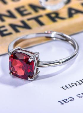 宇彩925银镶嵌天然石榴石戒指枕方百搭时尚中国红满火彩活口包邮