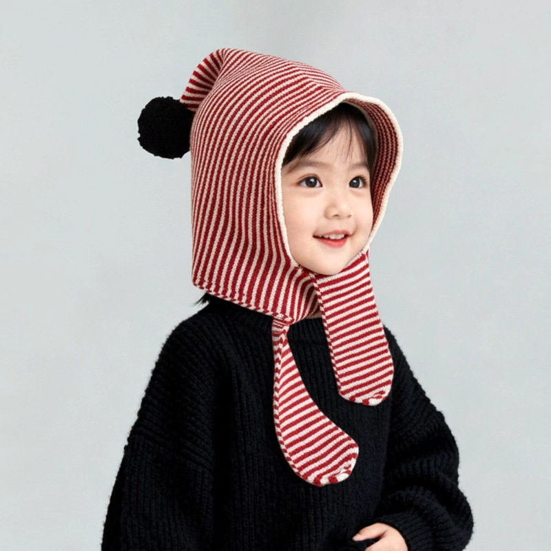 儿童帽子条纹围巾一体冬季针织护耳帽女孩百搭洋气防寒保暖包头帽,淘宝优惠券,粉丝福利购,淘宝优惠卷