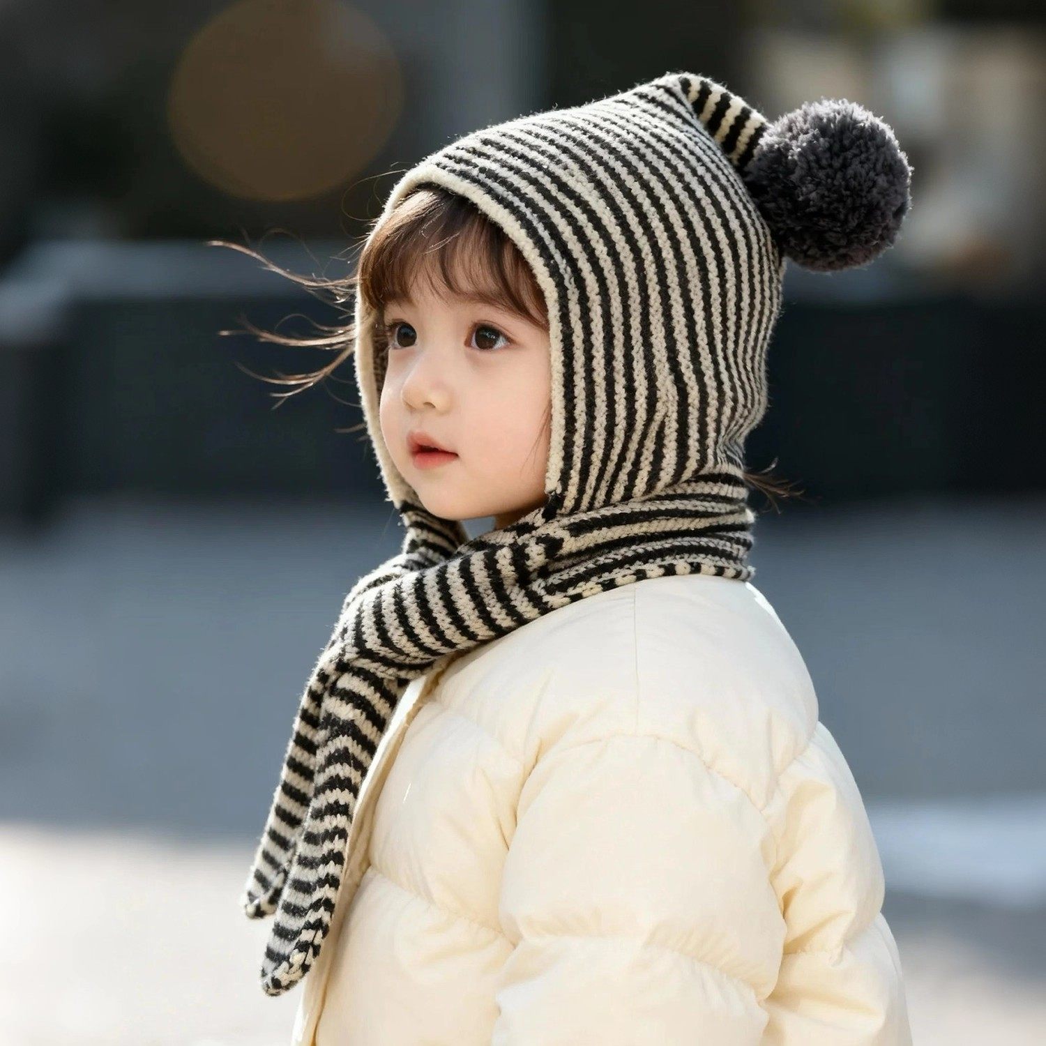 儿童帽子条纹围巾一体冬季针织护耳帽女孩百搭洋气防寒保暖包头帽,淘宝优惠券,粉丝福利购,淘宝优惠卷