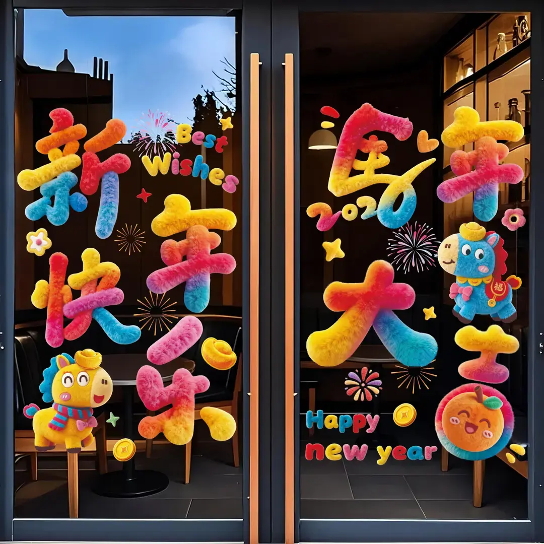 2026马年新款窗花静电贴过年新年毛绒窗贴春节橱窗玻璃贴装饰贴纸,淘宝优惠券,粉丝福利购,淘宝优惠卷