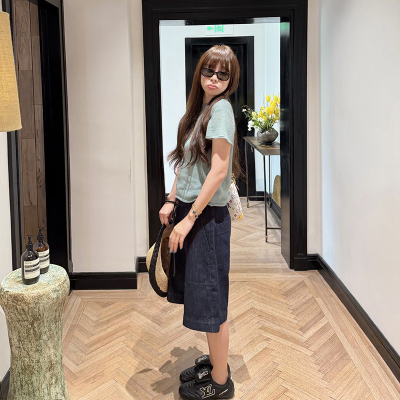 Dark blue drawstring denim midi pants women's loose slimming shorts