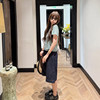 Dark blue drawstring denim midi pants women's loose slimming shorts