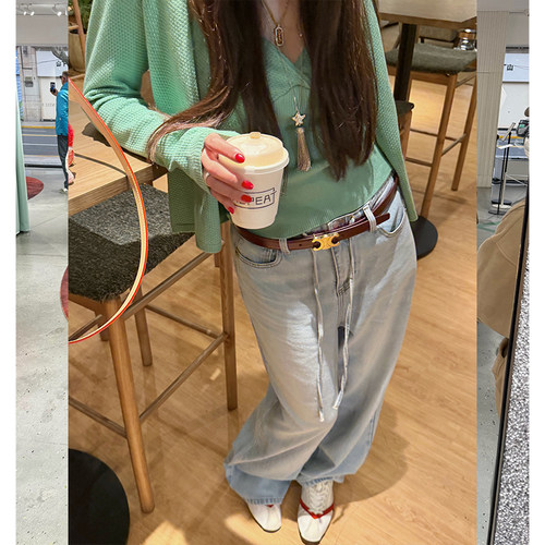 tingtings 蓝色冰丝牛仔裤女窄腰系带宽松阔腿裤复古薄款休闲裤子 - 图3