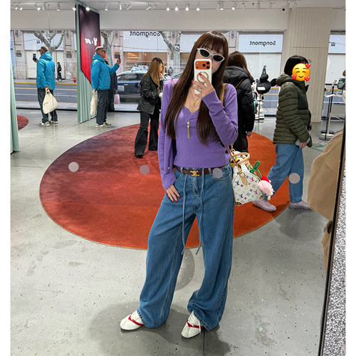 tingtings 蓝色冰丝牛仔裤女窄腰系带宽松阔腿裤复古薄款休闲裤子 - 图2