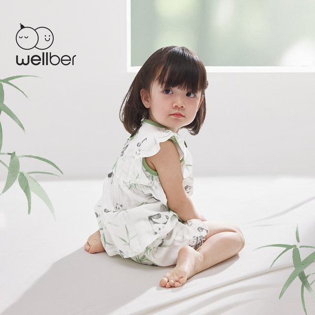 Wilberu ເດັກນ້ອຍແບບປະຈໍາຊາດຊຸດເດັກຍິງ 2025 summer ໃຫມ່ໄມ້ໄຜ່ຝ້າຍ gauze ເຮືອນໃສ່ສັ້ນແຂນສັ້ນສອງຕ່ອນ