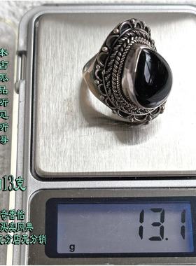 尼泊尔进口925纯银天然黑玛瑙手工戒指 古风复古大宝石戒面指环