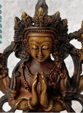 3寸四臂观音尼泊尔纯铜古色佛像