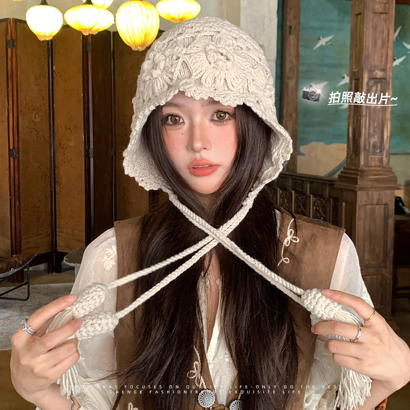 民族风川西旅游针织帽子女镂空包头帽显脸小2025新款毛线套头帽潮,淘宝优惠券,粉丝福利购,淘宝优惠卷