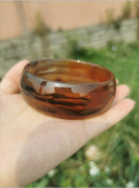 特价包邮/天然巴西红玛瑙风景意境画手镯/玉髓手环超宽65/水晶体