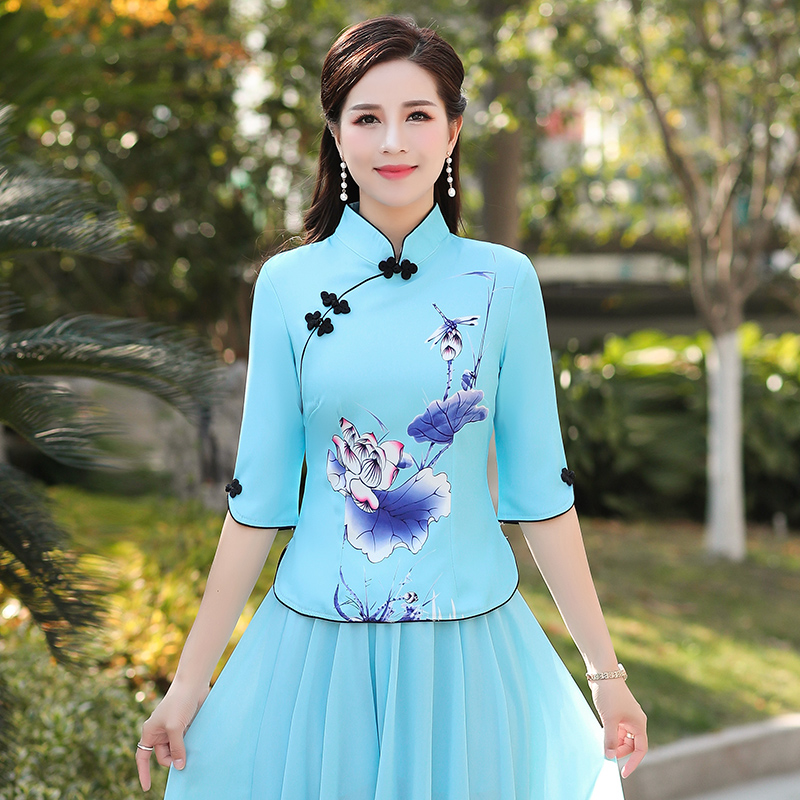 帛合旗舰店改良中国风套装女短袖民族唐装秋装旗袍上衣汉服两件套裙民国女装2