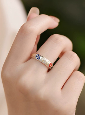 吉祥纳福戒指女轻奢感时尚新中式描金猫咪开口食指戒包邮