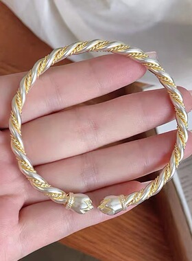 热卖描金扭麻莲花头手镯女国潮风气质感送礼轻奢手环包邮