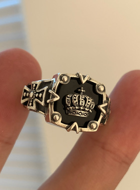 十字黑玛瑙皇冠开口戒指