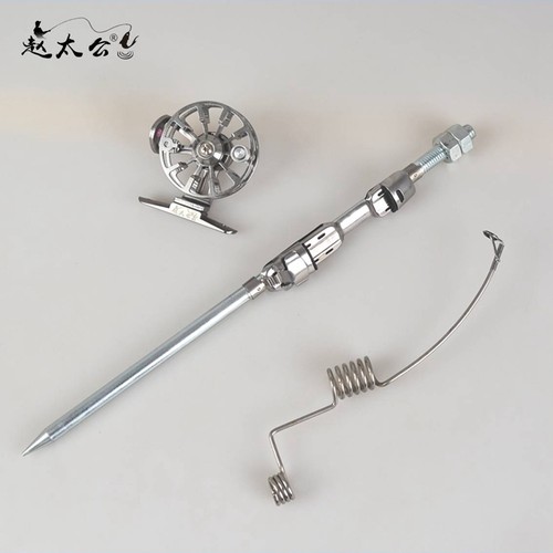 一体全金属插地式鱼竿迷你便携金属超短海竿冰钓竿筏钓杆鱼轮套装 - 图1